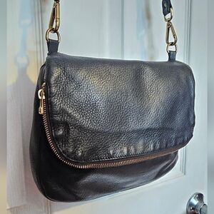 Roots Black Leather Crossbody Bag with Gold Hardware